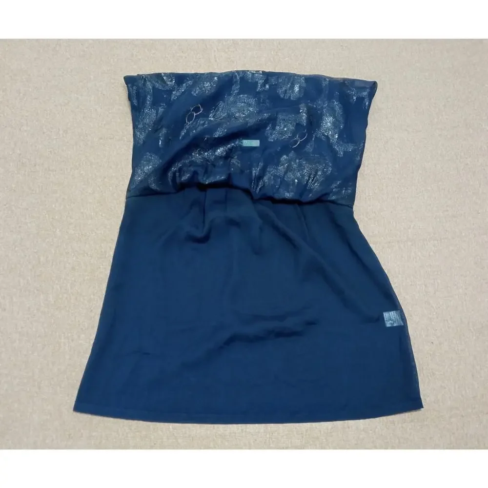 Jade Melody Women's Blouse Top Blue Metallic Floral Pattern Gold Chain Straps S